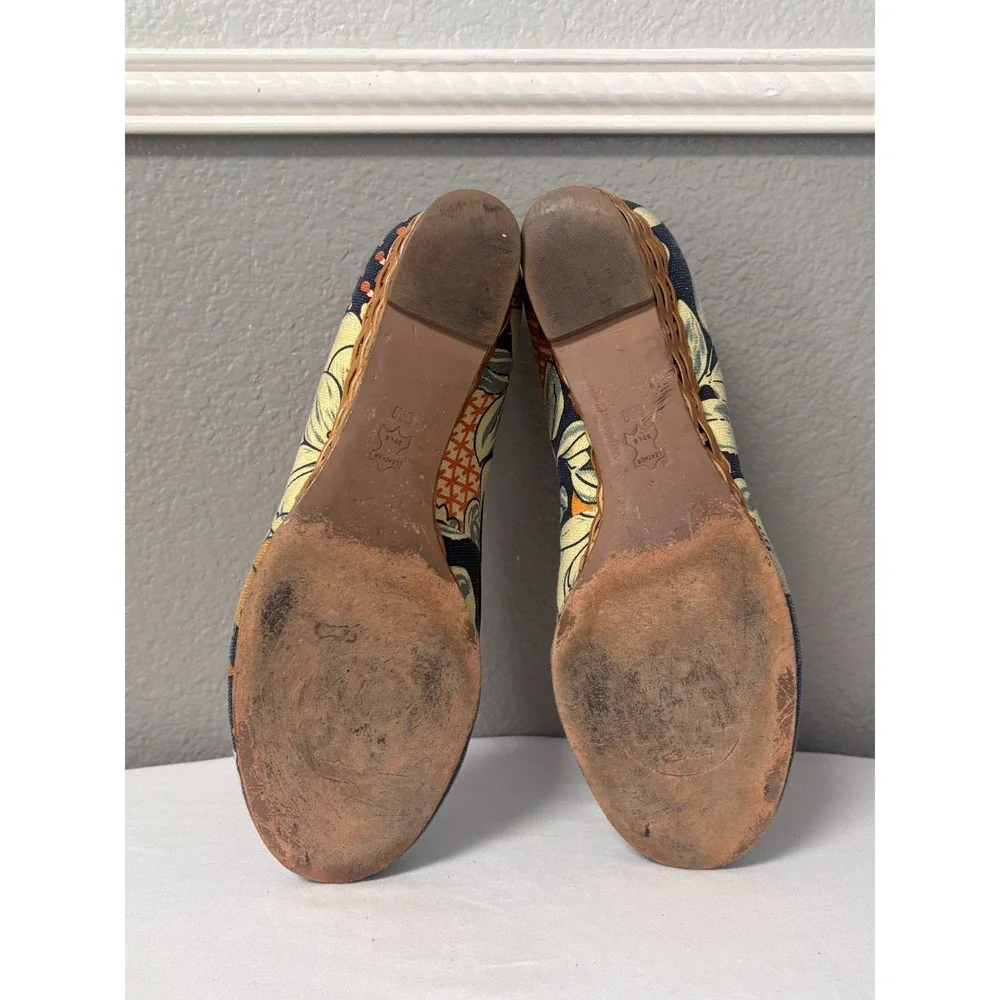 Tory Burch Womens 9 Sally Wedge Pump Multi Floral Canvas Low Heel Logo Brazil